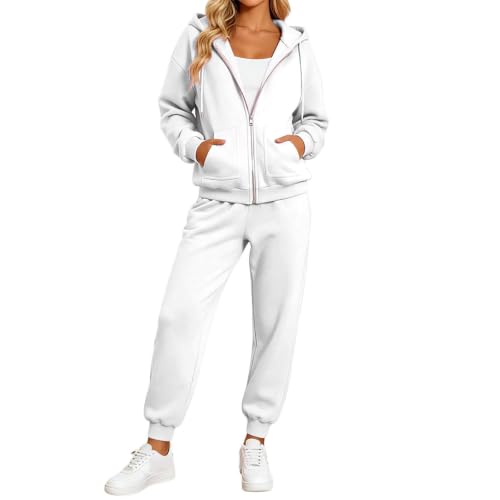 Two Piece Sweatsuit Sets For Women,Zip Up Hoodie And Joggers(White,Medium)