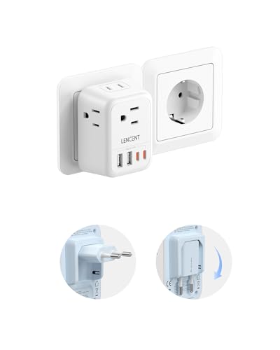 LENCENT European Travel Plug Adapter Foldable US to Europe Plug Adapter with 4 Outlets 4 USB (2 USB C) Charger Adapter Type C Power Adaptor for USA to Italy Spain France Portugal Iceland Germany