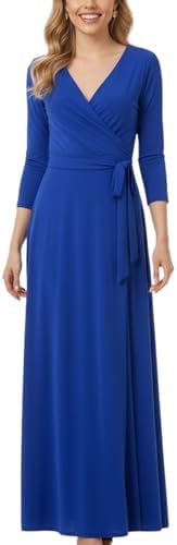 Aphratti Women's Maxi Dress with Sleeves - Faux Wrap Soft Stretchy Flowy Long Dress for Everyday Casual Outfits