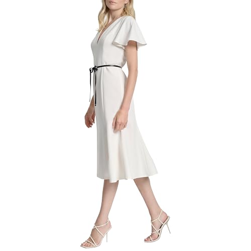 Image of DKNY Women's Short Flutter Sleeve V-Neck Tie Belt Fit and Flare Dress