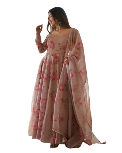 Image of DIGAMBARA Digital Floral Printed Georgette Anarkali Gown for Women, Ethnic Wear, Printed Maxi Length Gown, Round Neck Half Sleeve, Perfect for Festival, Party and Wedding, Brown