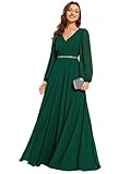 Ever-Pretty Women's Formal Dresses Long Sleeve V Neck Empire Waist A Line Beading Floor Length Wedding Guest Dress Dark Green US6