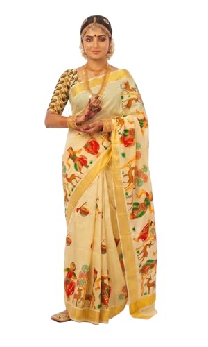 Image of Women's Mural Printed Kerala Gold Tissue Saree with Running Blouse Piece | Traditional South Indian Ethnic Saree for Festivals, Weddings & Special Occasions