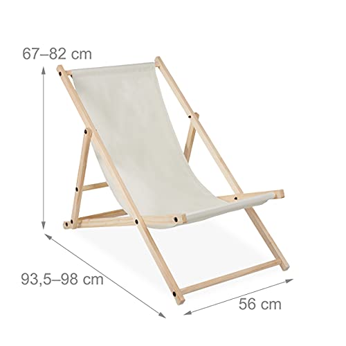 Relaxdays Liegestuhl Holz, Holz Strandliege mit Stoffbezug, klappbar & verstellbar, für Garten, Strand & Balkon, beige
