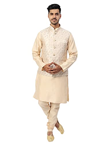 Image of Uri and MacKenzie Men's Silk Blend Regular Kurta Churidar Pyjama with Bundi Nehru Jacket /Waistcoat