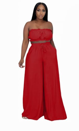 Image of Two Piece Sets for Women Summer Outfits Crop Tops and Wide Leg Pants Sets Sexy Jumpsuits Vacation Outfits with Pockets