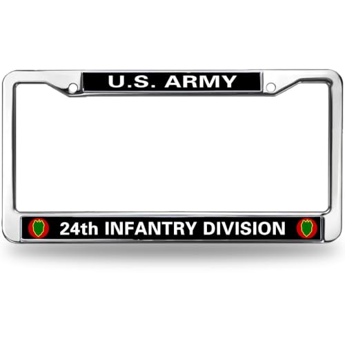 Image of US Army 24th Infantry Division License Plate Frame Metal Auto Tag Holder | US Army 24th Infantry Division License Plate Frame Chrome Metal Car Tag Cover Fit Standard US Auto Trucks Exterior Hardware