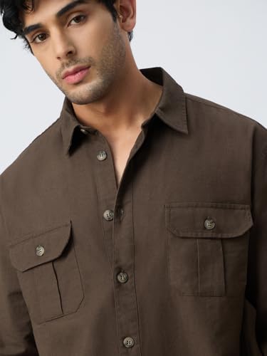 Image of The Souled Store Cotton Linen Utility: Mocha Men and Boys Long Sleeve Collared Neck Button Front Solid Cotton Linen Blend Oversized Shirts