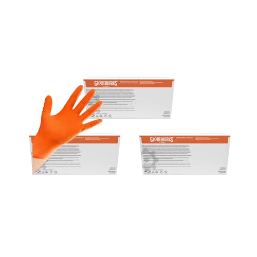 Image of GLOVEWORKS Orange Nitrile Work Gloves, 8 Mil Disposable Heavy Duty, Raised Diamond Grip Mechanic Glove, XL, 3 Cases of 1000