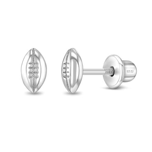 925 Sterling Silver Polished Football Safety Screw Back Earrings For Little Girls & Preteens - Children's Sports Fan Jewelry For Football Games - Small Football Girls Earrings