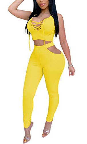 Aro Lora Womens Sexy 2 Piece Outfit Bodycon Lace Up Sleeveless Crop Top and Cut Out Pant Set Jumpsuit Romper Clubwear Medium Yellow