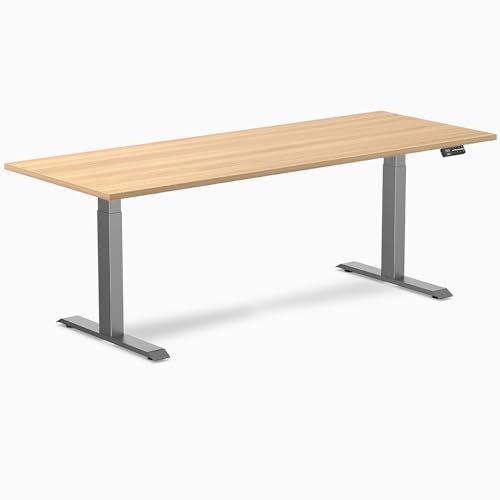 Image of Desky Electric Standing Desk, 78.7 inch Laminate Height Adjustable Sit Stand Desk, Dual Motor, 4 Memory Presets, Ergonomic Computer Workstation for Home Office - Sublime Teak Top and Space Gray Frame