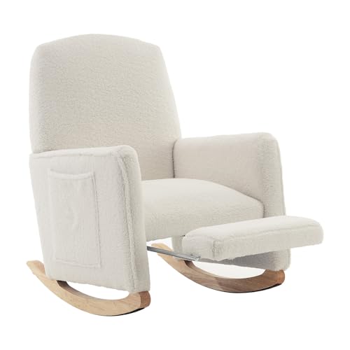 Fauteuil à Bascule avec Repose-Pieds, Chaise à Bascule avec Accoudoirs et Poches Latérales, Rocking Chair avec Pieds en Bois Massif, Charge maximale : 110 kg, Convient au Bureau, Lire, Blanc