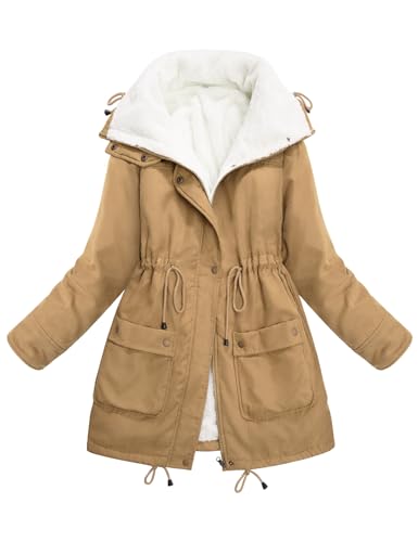 Yuson Girl Abrigo Mujer Invierno Rebajas Chaqueta Mujer Forro Polar Cálido Largo Parka Manga Larga Cremallera Abrigos Térmico Viento Jacket de Piel Cardigans con Bolsillos y Cordón(Caqui, M)