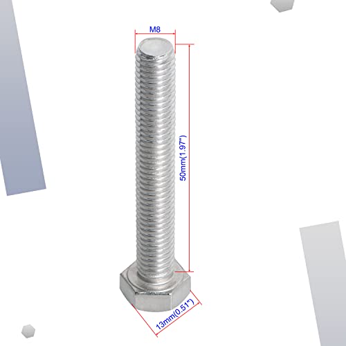 Image of M8 x 50mm Hex Head Bolts Screws Grade 5.8 Stainless Steel, Fasteners Fully Machine Threaded SUS304 10 Pcs