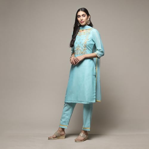 Image of BIBA Women Art Silk A-Line Kurta Regular Pant Suit Set