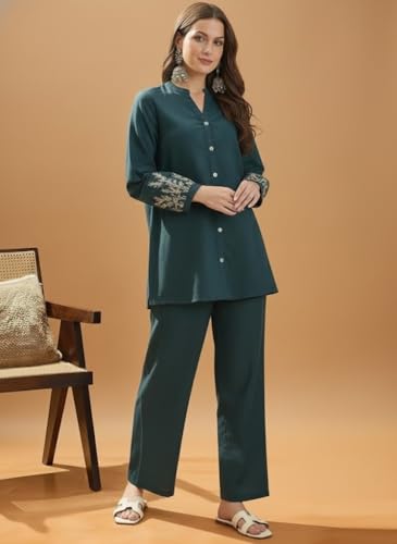 Image of SHEINZY Elegant Embroidered Sleeve Co-Ord Set for Women | Comfortable Silk Blend V-Neck Button-Down Top Matching Pants | Stylish Casual Ethnic Wear