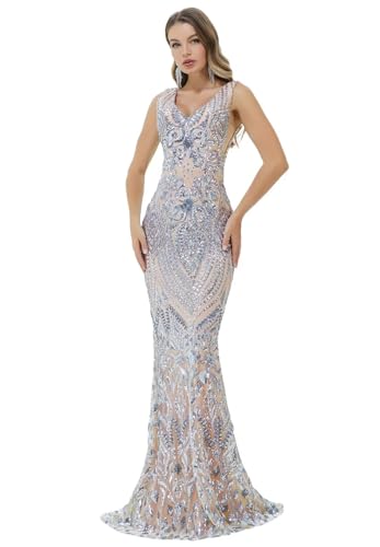 Image of Women's Wedding Bridesmaid Gown Sequined Mermaid V Neck Sleeveless Evening Dress