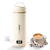Travel Mini Kettle Portable Electric Kettle with Plug-in Boiling & Keeps Warm via USB, Small Water Boiler with 4 Temperature Settings, 304 Stainless Steel with Auto Shut-off 16oz(Beige)