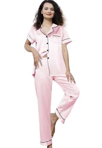 Image of WJing Yi Jia Womens Pajamas Set XS-4XL Floral Silk Satin Pajama Sets Silky Pj Sets 2Pcs Loungewear Sleepwear Button Down Pjs