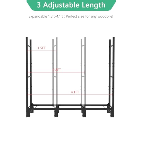 Helios&Hestia 4Ft Outdoor Firewood Rack for Fireplace, Heavy Duty Steel Log Holder, Indoor Wood Pile Storage Organizer, Adjustable Stacker Stand, Black — view 4