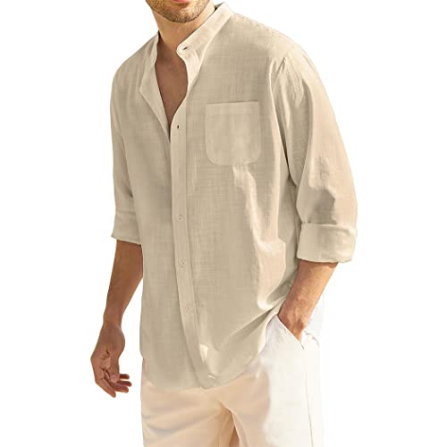 COOFANDY Men's Casual Button Down Linen Shirt Band Collar Beach Shirts Vacation Summer Yoga Solid Tops Khaki XL