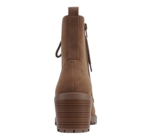Soda “VELOUR” ~ Women Round Toe Lace-Up Lug Sole Medium Stack Heel Mid Shaft Combat Boot with Side Zipper2