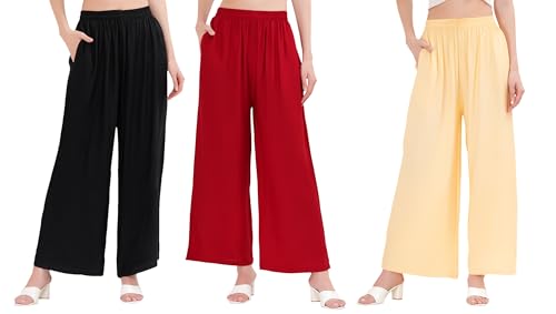 Image of Buy That Trendz Palazzo Pants for Women Rayon Elasticated Regular Fit Flared Wide Leg M to 6XL Pack of 3