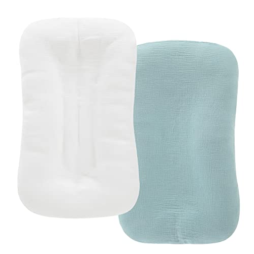 Image of HOMBYS Muslin Baby Lounger Cover 2 Pack for Newborn, 100% Cotton Lounger Slipcover, Ultra Soft Removable Cover for Infant Lounger Pillow (Light Green & White)
