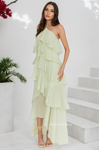Ruffles Halter Bridemsiad Dress Tiered Chiffon Wedding Guest Dresses Flowy High Low Prom Party Dress Elegant DR08463