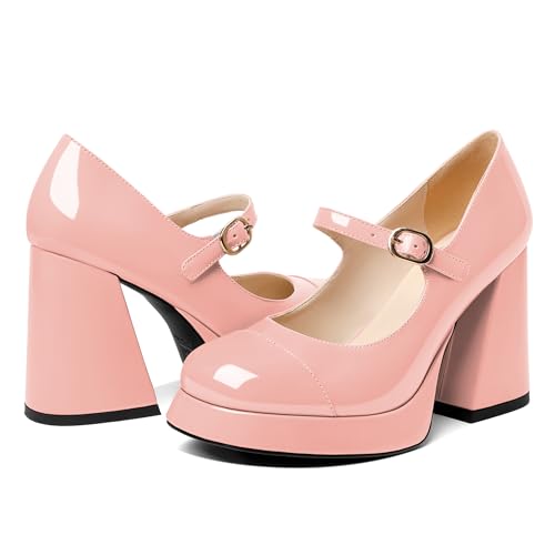 Soireelady Womens Chunky Platform Heels, Mary Jane Shoes Block Heel Pumps, High Heel Square Closed Toe Heels Ankle Strap Dress Shoes Comfort Fashion 4 Inches3