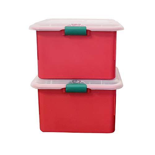 Image of HOMZ Holiday Light Organizer | Plastic Storage Container with Green Cord Wraps | Red Container with Clear Hinged Lid | Snap Lock Closure | Set of 2 with 8 Cord Wraps