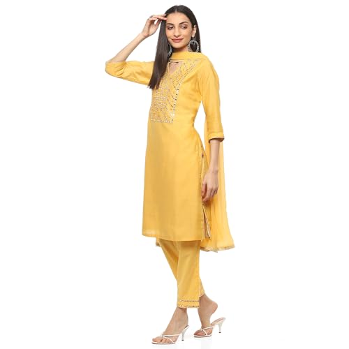 Image of BIBA Women Cotton Straight Embroidered Suit Set