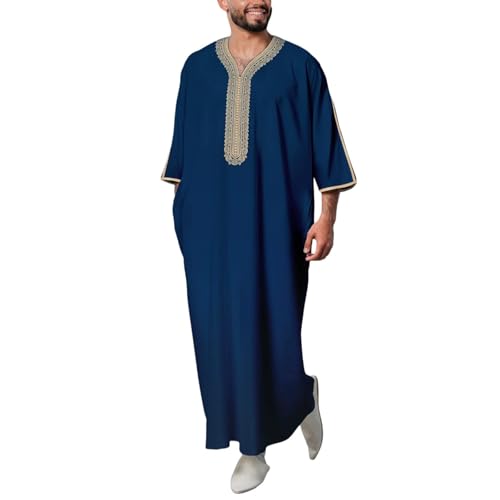 Ropa árabe para hombre musulmana caftán, túnica para hombre, cuello alto, tóbe, ropa islámica, ropa de oración, vestidos musulmanes, vestido maxi étnico, batas, ramadán, ropa de taiji, 03 azul., XXL