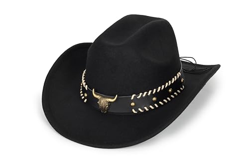Western-Cowboy-Hats for Women Men - Classic Wide Brim Felt Fedora Unisex Upturn Bull Head Cowgirl Caps with Buckle Belt