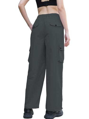 Image of Betusline Girls & Women's High Waist Wide Leg Cargo Pants Y2K Parachute Pants with Pockets and Drawstring 6 Years-Women 2XL