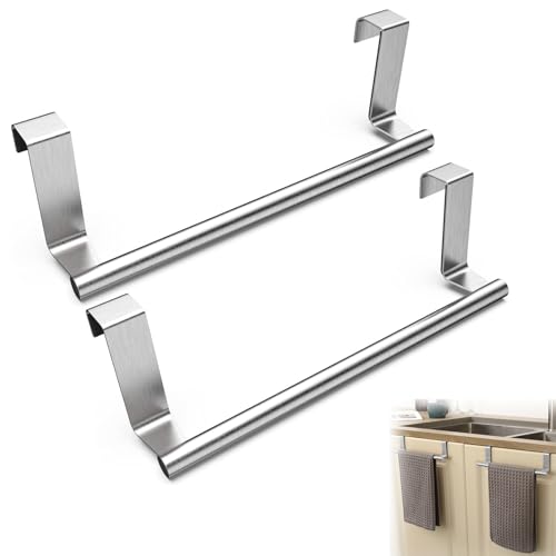 2 PCS Over Door Towel Rail Silver Towel Holder 23 cm No Drilling Stainless Kitchen Towel Rail Anti Slip Scratch Protecting Stripe Slim Towel Holder for Home Bathroom