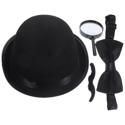 TOBBOMEY Juego de Disfraces de Detective para Fiesta, Conjunto de Accesorios para Juegos de Rol Sombrero de Detective, Bigote Falso, Pajarita y Lupa, Material Plástico Ligero, Adecuado