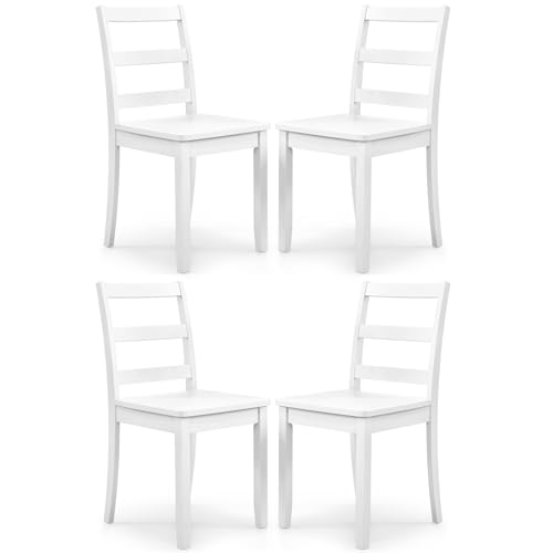 Image of COSTWAY Dining Chairs Set of 4, Mid-Century Modern Wooden Chairs, White | Farmhouse Armless Kitchen Side Chairs with Curved Backrest and Rubber Wood Legs, for Home Dining Room, Kitchen, Restaurant