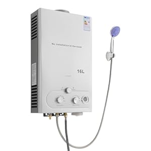 32KW LPG Durchlauferhitzer, 16L Kapazität – Sofortige Warmwasser mit Duschkopf & Schlauch – Mobiler Gaswasserheizer für Camping, Wohnwagen und Garten – Hohe Effizienz (≥80.8%), Einfache Montage