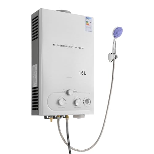 32KW LPG Durchlauferhitzer, 16L Kapazität – Sofortige Warmwasser mit Duschkopf & Schlauch – Mobiler...
