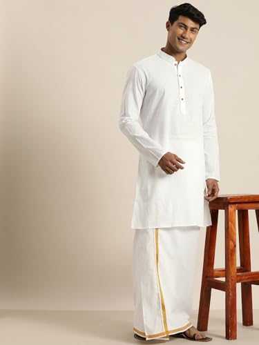 Image of VASTRAMAY Men Cotton Linen Solid Kurta | Cool & Breathable Ethnic Wear with Mandarin Collar for Eid, Holi & Festive Occasions