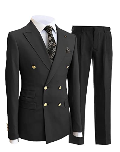 Aesido Men's Suits Slim Fit 2 Piece Double Breasted Business Blazer+Pants Set Prom Tuxedos Jacket for Wedding Grooms