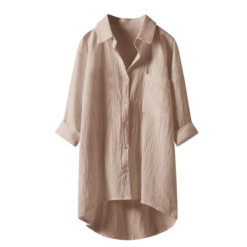 Bluse Damen Blusen & Tuniken Für leinenbluse Sommer leinenhemd große größen Button-Down Übergröße Hemd V-Ausschnitt Langarm Elegant Atmungsaktive Freizeithemd Lose Shirts Mit Brusttaschen