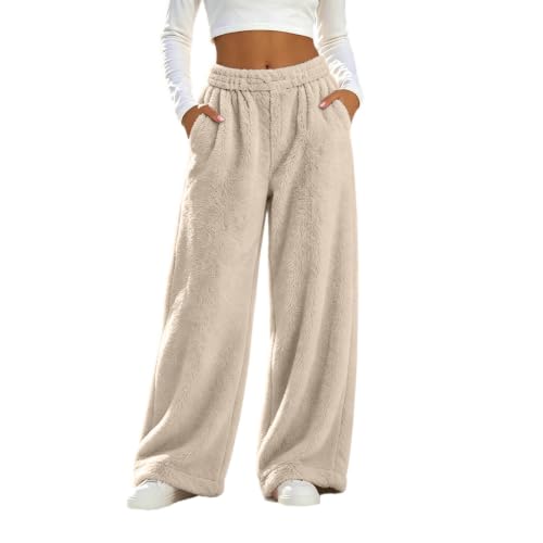 Women's Fuzzy Plush Pajama Pants Wide Leg Pj Bottoms Lounge Pants Beige - image 2