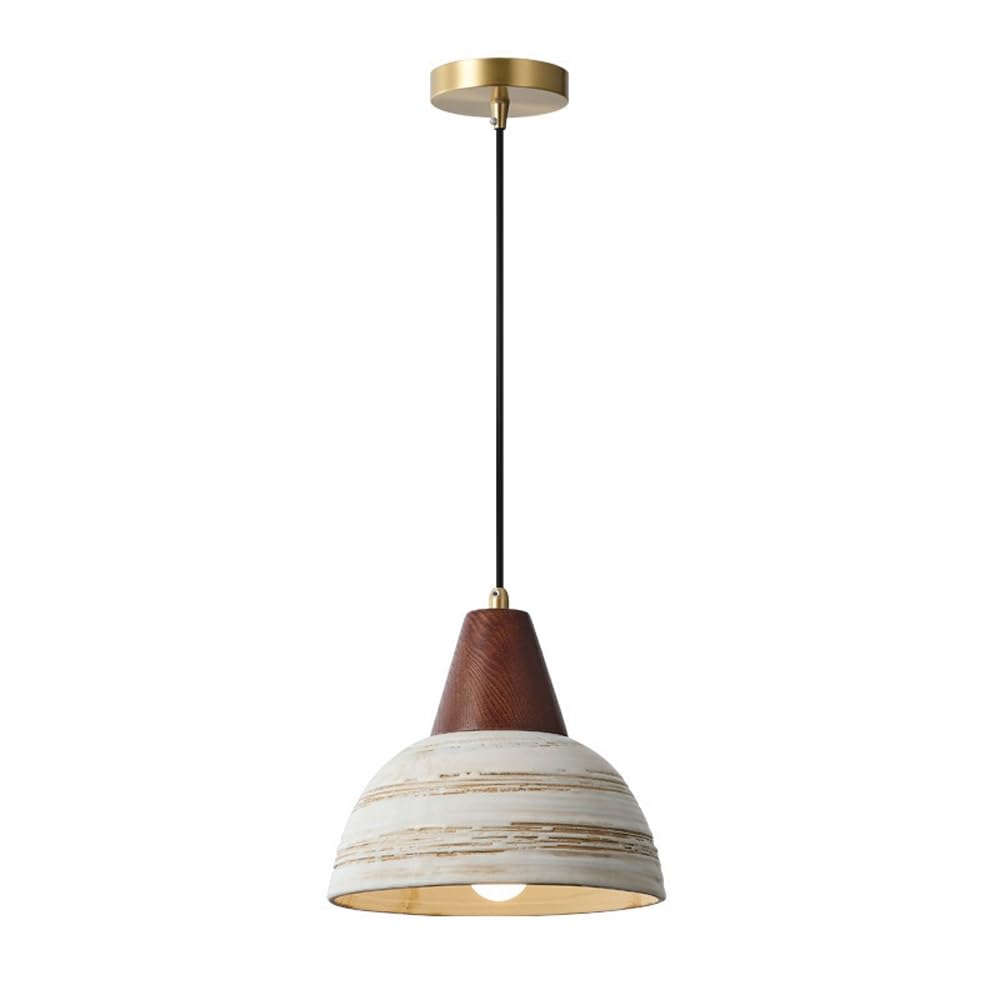 ITOSUI Ceramic Pendant Light, Wood Hanging Lamp, Vintage Ceiling Fixture, Distressed Textured Shade, Walnut Wood E26 Base Adjustable Brass for Dining Room, Bedroom, Tea Room Decor