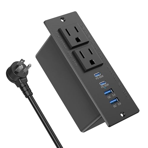 Recessed Power Strip Fast Charging Station 2 PD 65W USB C, Flush Mount Countertop Drawer Outlet, Furniture Hidden Charging Station for Side Table, End Table,2 AC Outlets (Black, 6 FT Cable) by Jgstkcity - Used condition - US$32.29
