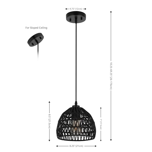 Image of JONATHAN Y 8.25 inch Black Modern Bohemian Woven Rope LED Pendant Light Fixture, Adjustable Dome Ceiling Lamp for Kitchen Island, Rope Shade, Coastal Farmhouse Decor (JYL6512B)