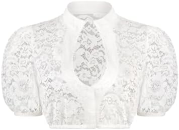 Dirndl Bluse Damen Puffärmel Dirndlbluse Weiß V Ausschnitt Oktoberfest | Trachtenbluse Dirndlblusen,Volles Spitze,3 Knöpfe,Raffinierte Blumenmuster,Bayrische,Tracht,Karneval