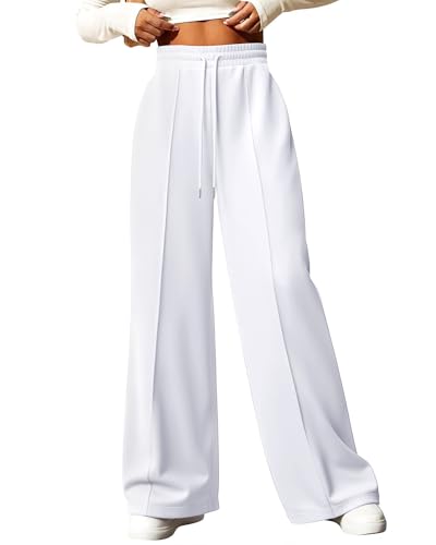 IPMQ Womens Wide Leg Sweatpants High Waisted Drawstring Sweatpant Baggy Pants with Pockets Athletic Joggers White